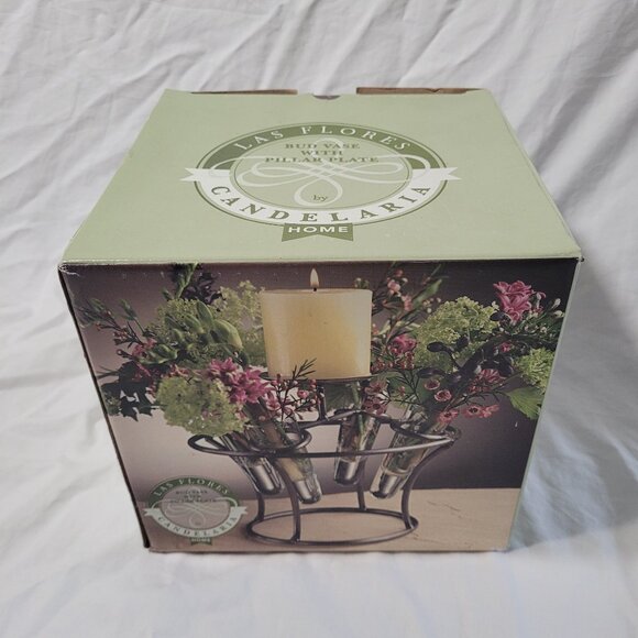 Candelaria Bud Vase with Pillar Plate 4 Glass Vases Wrought Iron Centerpiece - Picture 2 of 10